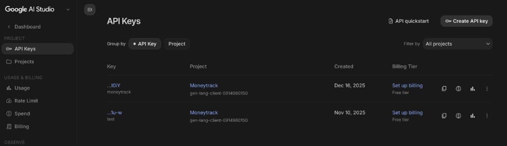 Google AI Studio API Keys page