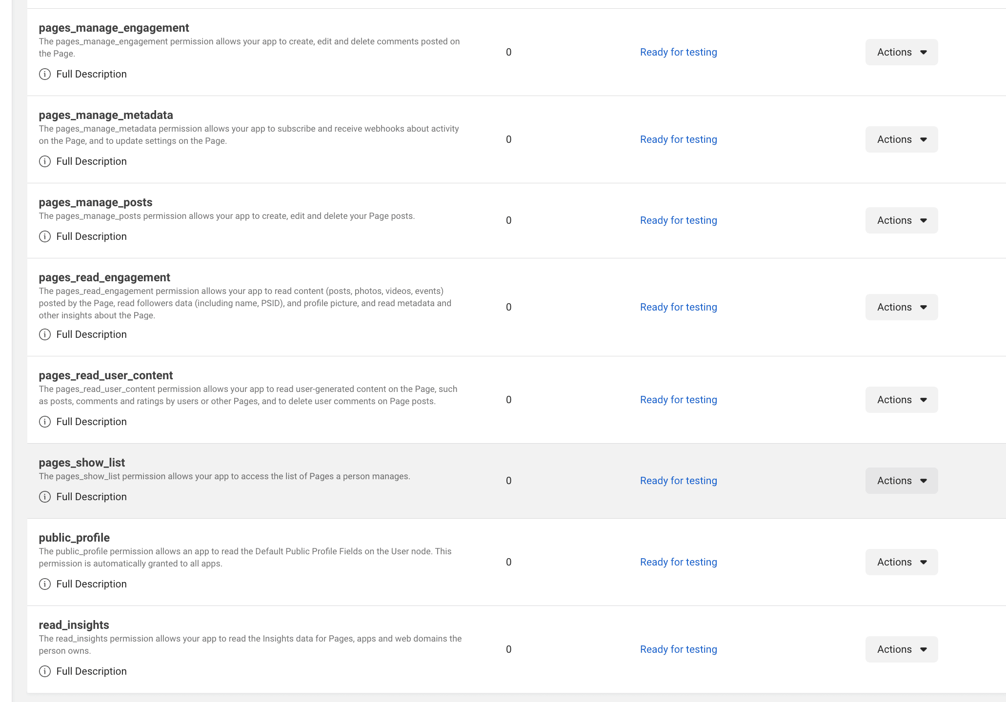 Page permissions list in Meta App Review