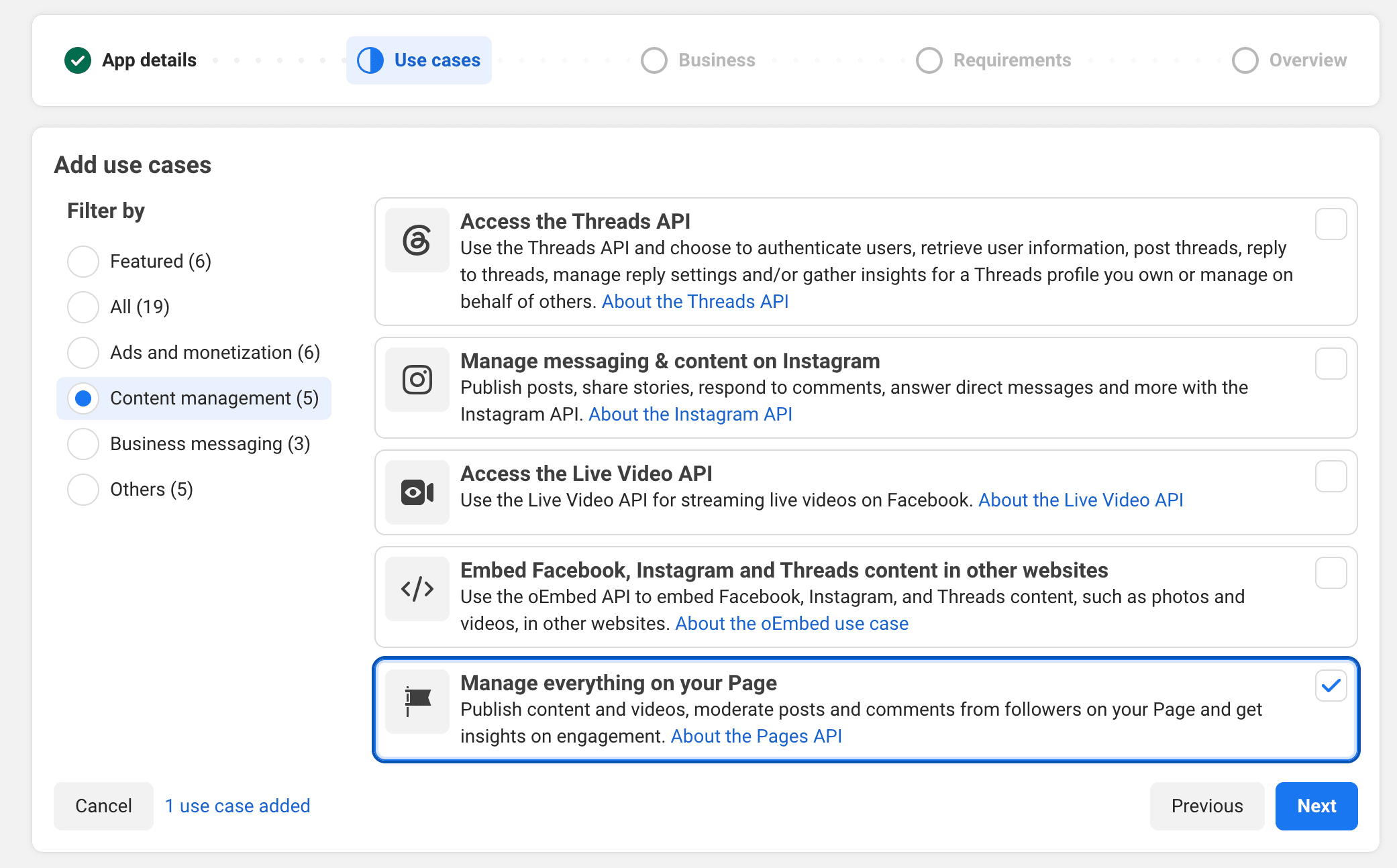 Choose Manage everything on your Page when creating a Meta app