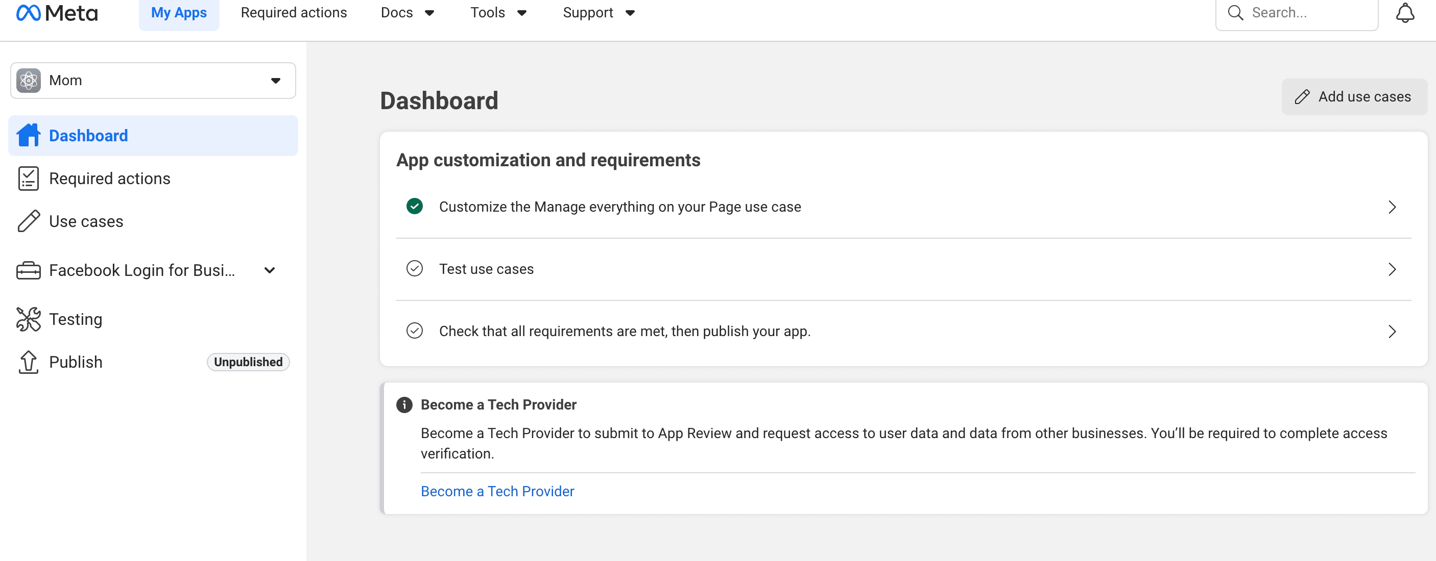 New Meta app dashboard, open Customize