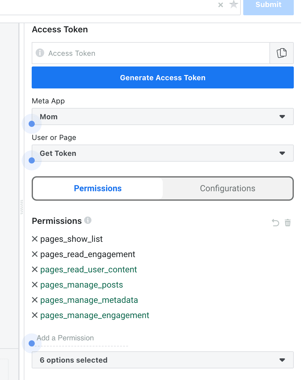 Select Page permissions in Graph API Explorer