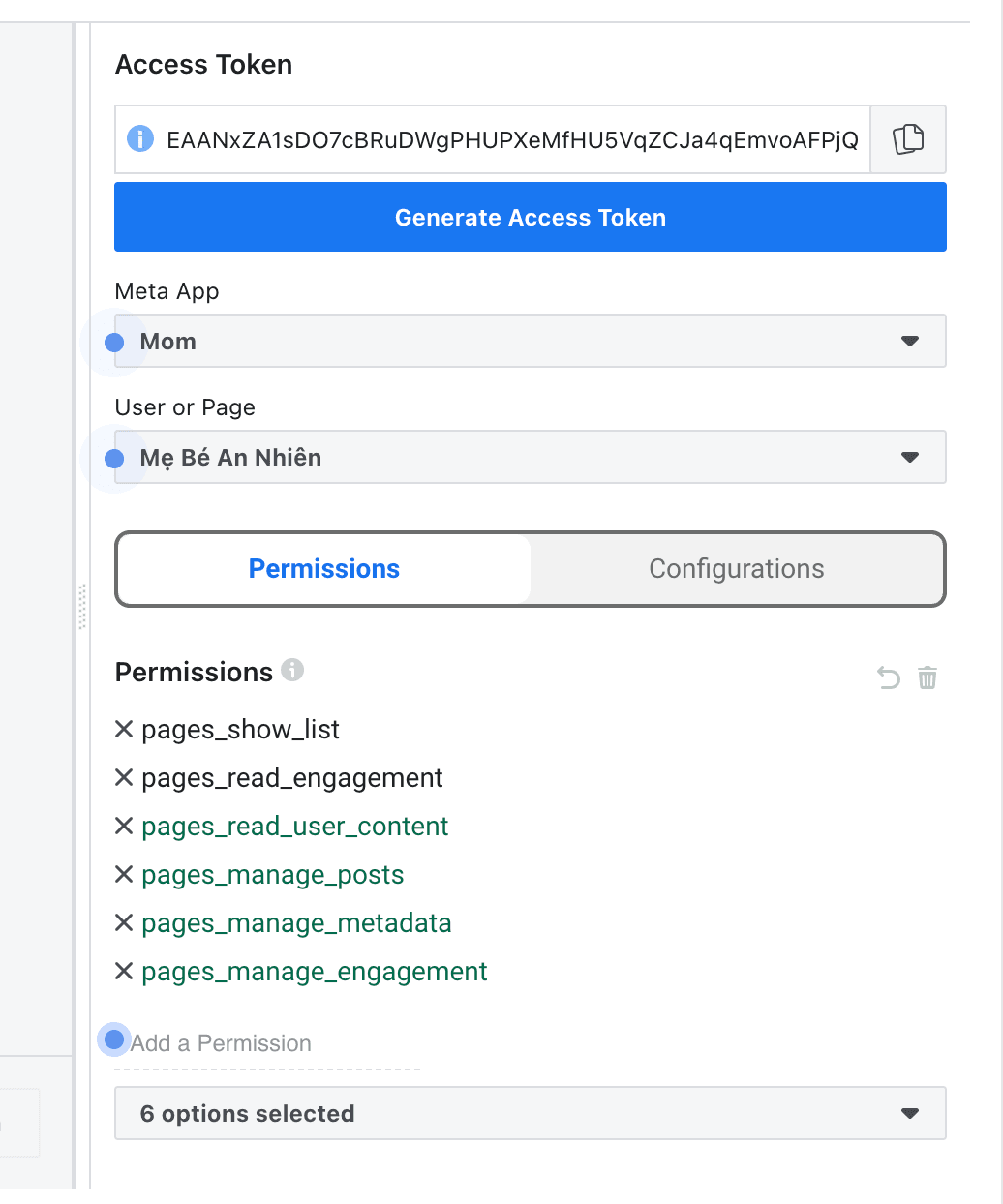 Select the Page then Generate Access Token again
