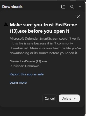 Microsoft Edge asks whether to trust FastScene