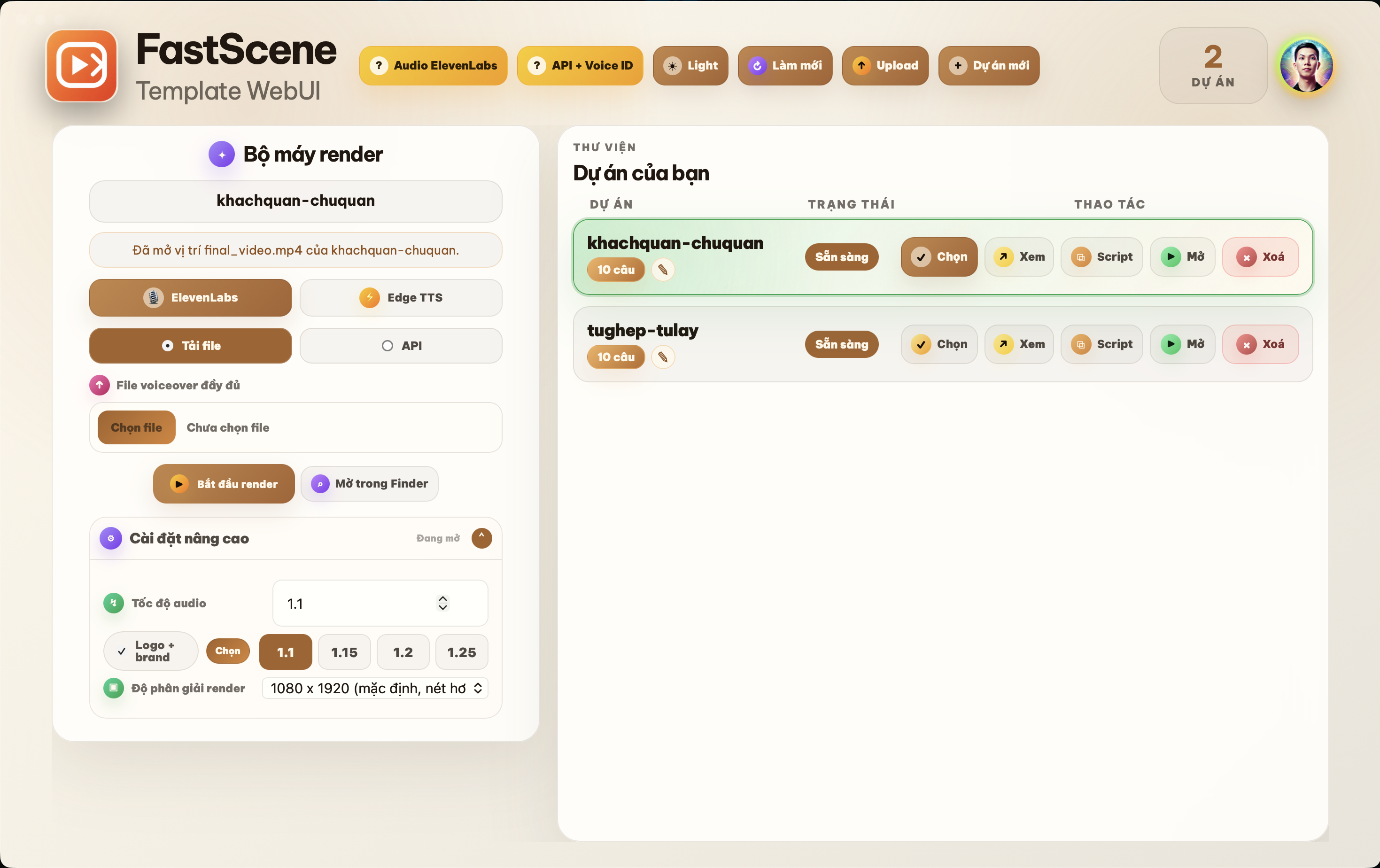 Dashboard dự án FastScene bằng tiếng Việt