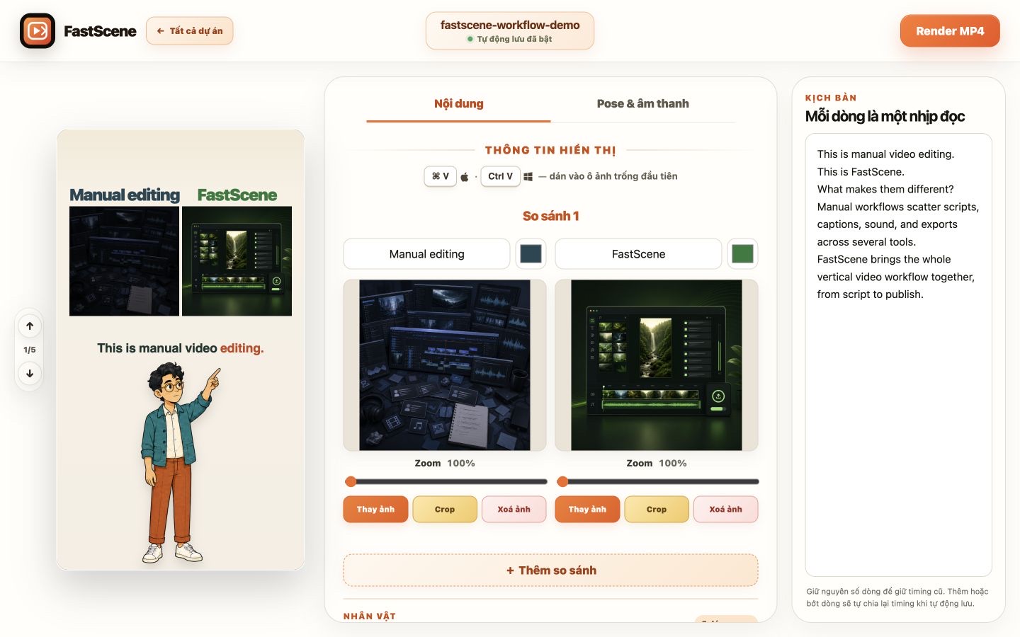 Giao diện Editor FastScene bằng tiếng Việt ở câu đầu tiên