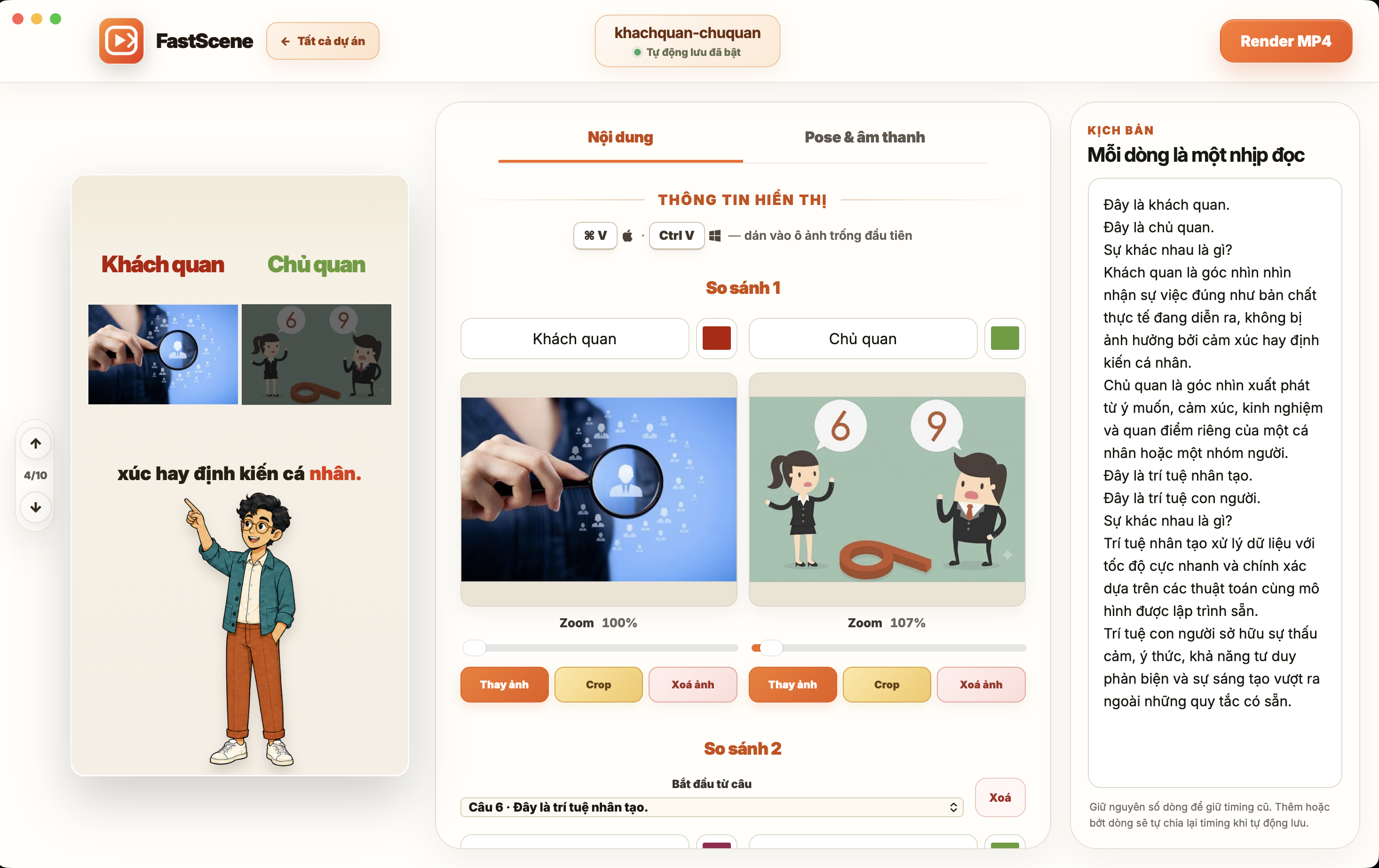 Giao diện Editor FastScene bằng tiếng Việt ở câu đầu tiên